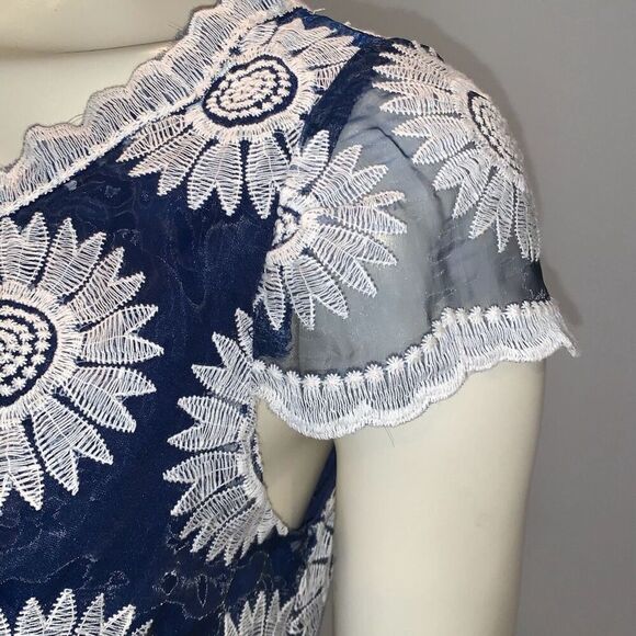 Betsey Johnson Sheer Layered Floral Crochet A-Line Dress Navy Size - Picture 7 of 16